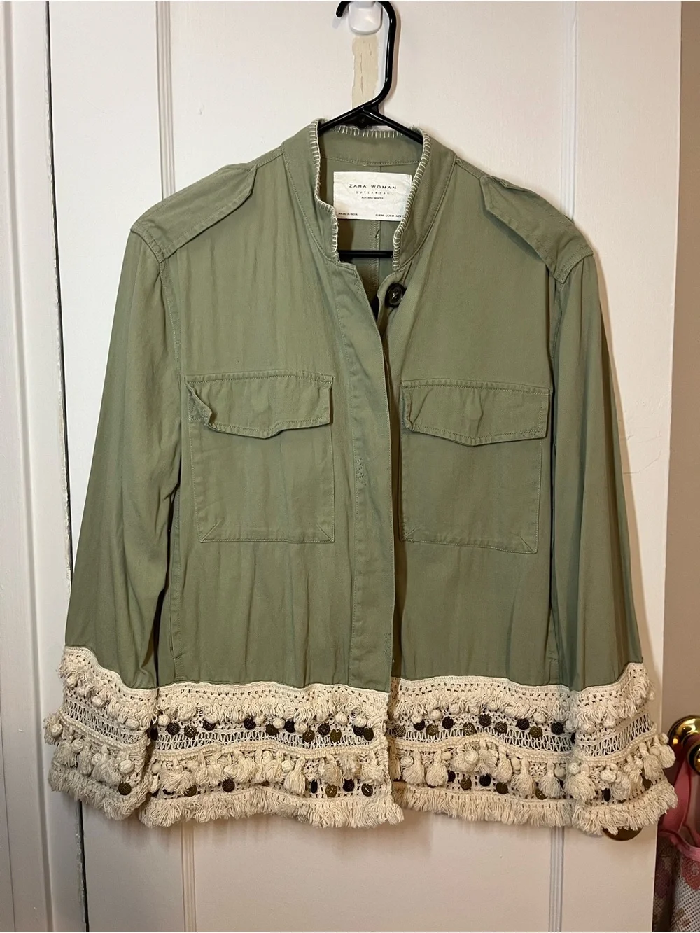 Zara Olive Green Utility Jacket with Cream Crochet Trim